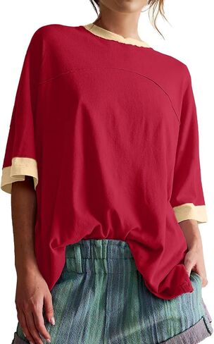 Womens Oversized T Shirts Summer Casual Loose Fit Colorblock Tops Basic Short Sleeve Tee Shirts in Saudi Arabia