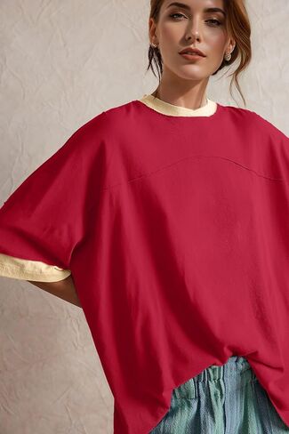 Womens Oversized T Shirts Summer Casual Loose Fit Colorblock Tops Basic Short Sleeve Tee Shirts in Saudi Arabia