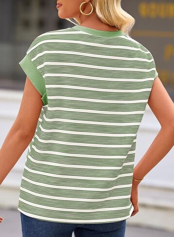 EVALESS Womens Short Sleeve Tops Casual Crewneck Oversized T Shirts Summer Trendy Striped Knit Tee Blouses in Kuwait