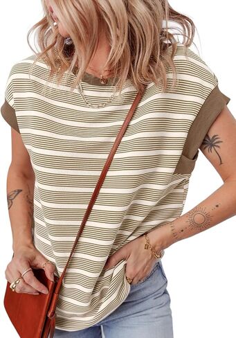 EVALESS Womens Short Sleeve Tops Casual Crewneck Oversized T Shirts Summer Trendy Striped Knit Tee Blouses in Saudi Arabia