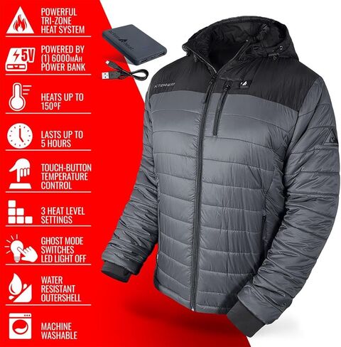 ActionHeat Battery Heated Jacket for Men Insulated Puffer Heating Jacket with Hood Heats up to 150F for 5 Hours in Kuwait