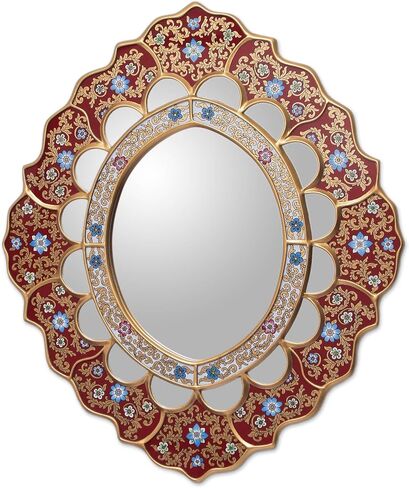 NOVICA White And Red Reverse-Painted Glass And Wood Framed Wall Mounted Round Mirror, 'White Star' in Kuwait
