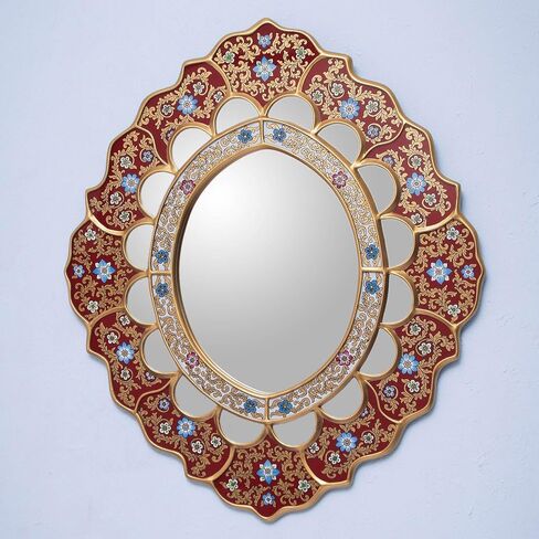 NOVICA White And Red Reverse-Painted Glass And Wood Framed Wall Mounted Round Mirror, 'White Star' in Kuwait