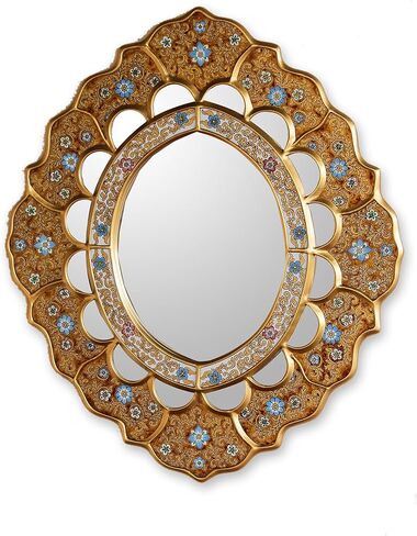 NOVICA White And Red Reverse-Painted Glass And Wood Framed Wall Mounted Round Mirror, 'White Star' in Kuwait