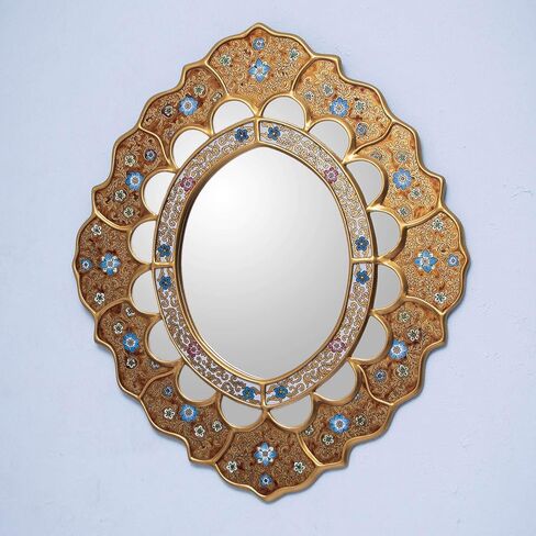NOVICA White And Red Reverse-Painted Glass And Wood Framed Wall Mounted Round Mirror, 'White Star' in Kuwait