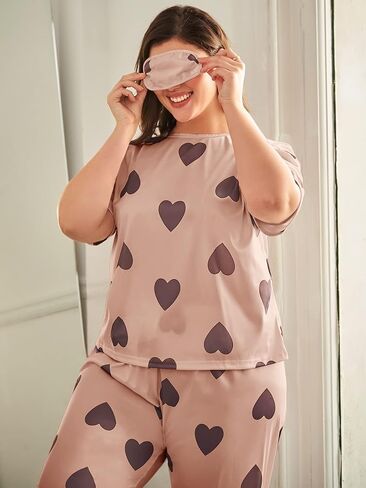 WDIRARA Women's Plus Size Pajama Set Heart Print Short Sleeve Top And Pants With Eye Cover in Saudi Arabia