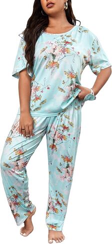 WDIRARA Women's Plus Size Pajama Set Heart Print Short Sleeve Top And Pants With Eye Cover in Saudi Arabia