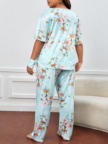 WDIRARA Women's Plus Size Pajama Set Heart Print Short Sleeve Top And Pants With Eye Cover in Saudi Arabia