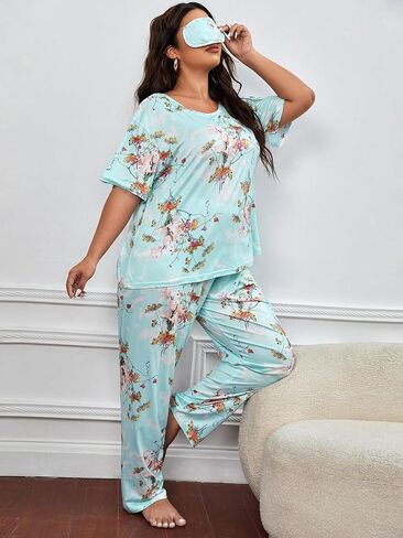 WDIRARA Women's Plus Size Pajama Set Heart Print Short Sleeve Top And Pants With Eye Cover in Saudi Arabia
