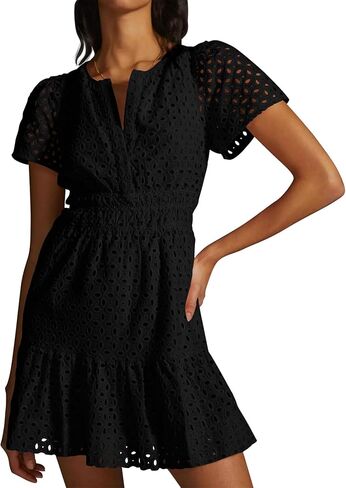 Women's 2024 Summer Short Sleeve Dress V Neck A Line Hollow Out Short Dress Cute Casual Beach Party Cocktail Dresses in Kuwait