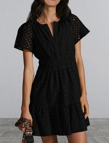 Women's 2024 Summer Short Sleeve Dress V Neck A Line Hollow Out Short Dress Cute Casual Beach Party Cocktail Dresses in Kuwait