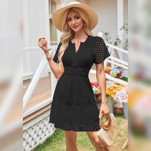 Women's 2024 Summer Short Sleeve Dress V Neck A Line Hollow Out Short Dress Cute Casual Beach Party Cocktail Dresses in Kuwait