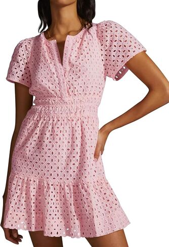 Women's 2024 Summer Short Sleeve Dress V Neck A Line Hollow Out Short Dress Cute Casual Beach Party Cocktail Dresses in Kuwait