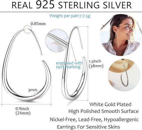925 Sterling Silver Teardrop Hoop Earrings for Women 14k Gold Plated Pull Through Hoop Earrings Statement Oval Hoop Earrings for Sensitive Ears in Saudi Arabia