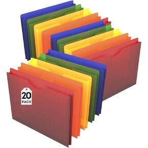 1InTheOffice File Folders, Plastic, Assorted Colors, Letter Size, Expandable, 20 Pack