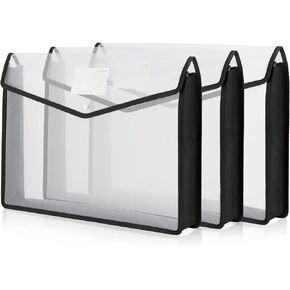 3 Pieces 11 x 17 inch Expandable Tabloid Size Documents Folder with Snap Closure Black Horizontal Large Clear Organizer Storage with Label Plastic Envelopes Expanding File Folder for Plots Charts