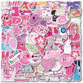 110PCS Preppy Vinyl Sticker Party Supplies Vinyl Waterproof Sticker Aesthetic Stickers Decor Pink Party Mobile Phone Stickers for Laptop Water Bottle