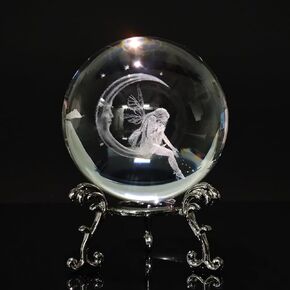 60mm Moon & Fairy Crystal Ball Paperweight 3D Laser Engraved Glass Ball with Stand and Gift Box, 2.36 inch Decorative Glass Sphere Glass Ball Ornament Sphere Table Desktop Decor Crafts