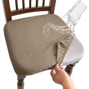Waterproof Chair Seat Covers for Dining Room Set of 4 with Elastic Buckles,Stretch Diamond Removable Washable Cushion Slipcovers for Kitchen,Khaki