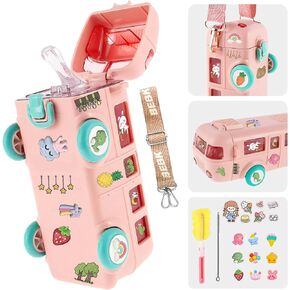 Rubrab Kids' 16oz Bus Water Bottle Car Water Cup with Straw and Strap, Leak-Proof, BPA-Free, Reusable, Detachable Bus Water Jug Toy for School, Sports Travel for Boys and Girls (Pink)