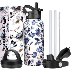 Water Bottle Insulated 32oz 40oz 64oz 128oz Straw Lid Spout Lid & 3 Lids, Leak Proof, Vacuum Insulated,Stainless Steel Water Bottle Wide Mouth for Sports, Gym or Office, BPA-Free Keep Cold 24H Hot 12H