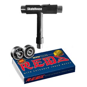 Bones Race Reds Skateboard Bearings (8MM) Bundled with SkateHouse Skate Tool
