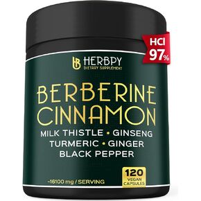Premium Berberine HCl 97% with Ceylon Cinnamon, Ginseng, Turmeric Curcumin, Ginger & Black Pepper - 7in1 Eq 16100mg for Weight Management & Digestion Health - 120 Vegan Capsules
