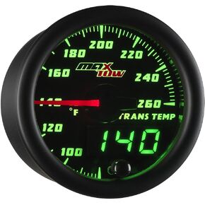 Double Vision 260 F Transmission Temperature Gauge Kit - Includes Electronic Sensor - Black Gauge Face - Green LED Illuminated Dial - Analog & Digital Readouts - for Trucks - 2-1/16" 52mm