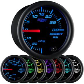 GlowShift Black 7 Color 30 PSI Turbo Boost/Vacuum Gauge Kit - Includes Mechanical Hose & T-Fitting - Black Dial - Clear Lens - for Car & Truck - 2-1/16" 52mm