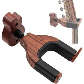 Guitar Wall Mount, Auto Lock Guitar Wall Hanger Guitar Holder Hard Wood Base in Guitar Shape Guitar Hook for for Acoustic, Electric, Classical, Bass Guitars, Guitar Accessories (Brown)