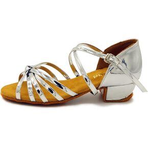 Girls Latin Dance Shoes Sparkle Silver Leathery Striped Ballroom Salsa Practice Performance Wedding Party Shoes + DIY with diamond in Saudi Arabia