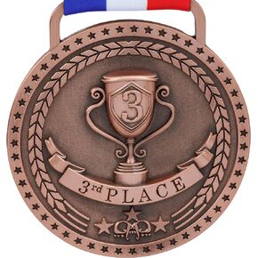 Gold Silver Bronze Medals for 1st 2nd 3rd Place Trophy Awards, Bright or Antique Finish with Attached Red White Blue Satin Ribbon - Sold Separately