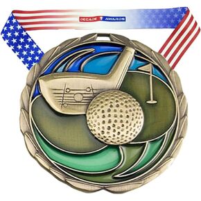 Decade Awards Golf Color Medal - 2.5 Inch Wide Tournament Medallion with Stars and Stripes American Flag V Neck Ribbon