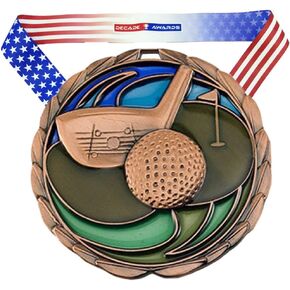 Decade Awards Golf Color Medal - 2.5 Inch Wide Tournament Medallion with Stars and Stripes American Flag V Neck Ribbon