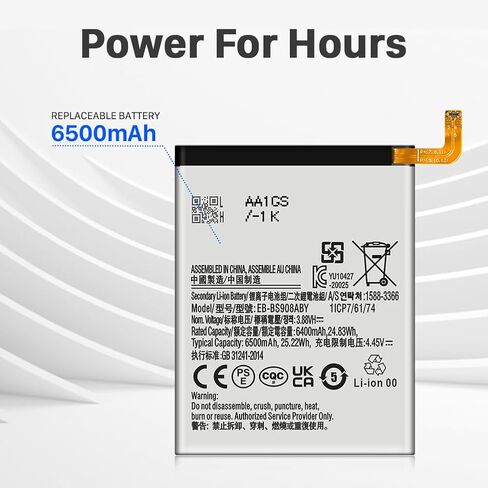 Galaxy S22 Ultra Battery, Upgrade 6500 mAh EB-BS908ABY Super High Capacity Li-ion Replacement Battery for Samsung Galaxy S22 Ultra 5G SM-S908U with Professional Replacement Tool Kits in Saudi Arabia
