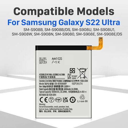 Galaxy S22 Ultra Battery, Upgrade 6500 mAh EB-BS908ABY Super High Capacity Li-ion Replacement Battery for Samsung Galaxy S22 Ultra 5G SM-S908U with Professional Replacement Tool Kits in Saudi Arabia