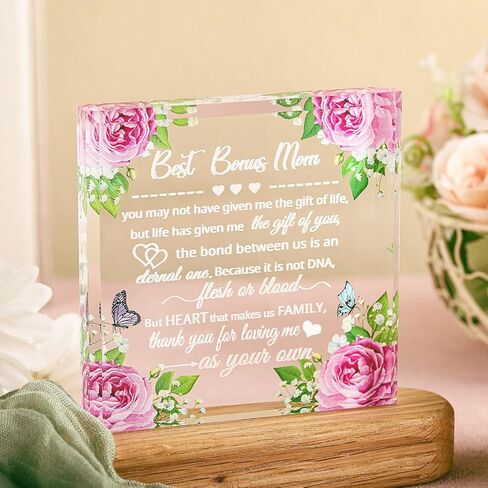 Bonus Mom Gifts Mom Son Stepdaughter Stepmom Stepson Gifts Crystal Glass Mom in Law Gift for Women Funny Clear Paperweights Keepsake for Mother's Day Birthday Wedding (Flowers Style) in Saudi Arabia