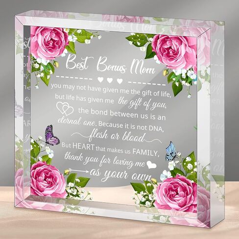 Bonus Mom Gifts Mom Son Stepdaughter Stepmom Stepson Gifts Crystal Glass Mom in Law Gift for Women Funny Clear Paperweights Keepsake for Mother's Day Birthday Wedding (Flowers Style) in Saudi Arabia