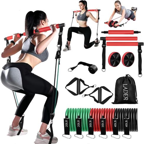 LADER Pilates Bar Kit with Resistance Bands, Fitness Bar with Ab Roller for Abs Workout, Adjustable 3-Section Pilates Bar Portable Yoga Pilates Bar for Women & Men Home Gym Yoga Pilates (Red) in Saudi Arabia