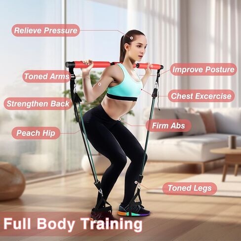 LADER Pilates Bar Kit with Resistance Bands, Fitness Bar with Ab Roller for Abs Workout, Adjustable 3-Section Pilates Bar Portable Yoga Pilates Bar for Women & Men Home Gym Yoga Pilates (Red) in Saudi Arabia