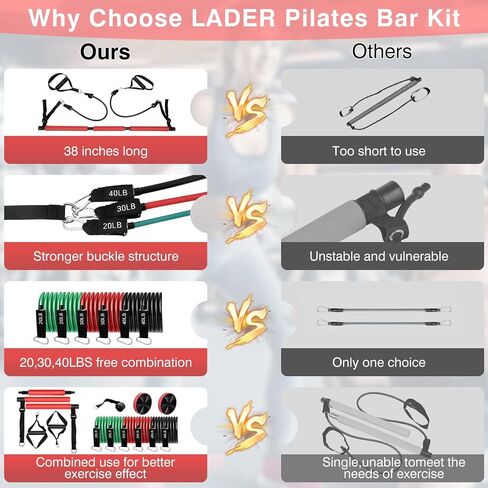 LADER Pilates Bar Kit with Resistance Bands, Fitness Bar with Ab Roller for Abs Workout, Adjustable 3-Section Pilates Bar Portable Yoga Pilates Bar for Women & Men Home Gym Yoga Pilates (Red) in Saudi Arabia