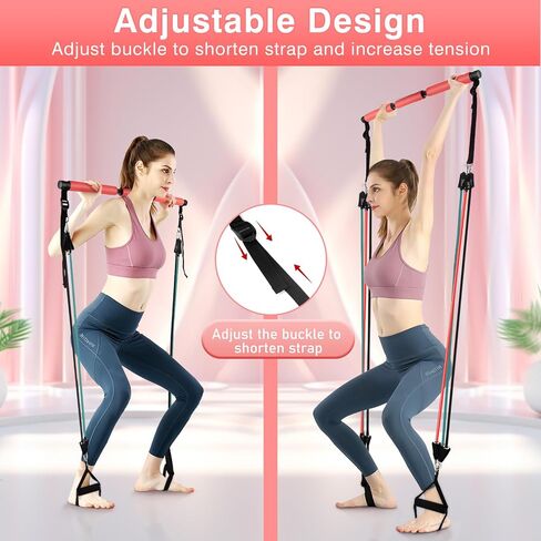LADER Pilates Bar Kit with Resistance Bands, Fitness Bar with Ab Roller for Abs Workout, Adjustable 3-Section Pilates Bar Portable Yoga Pilates Bar for Women & Men Home Gym Yoga Pilates (Red) in Saudi Arabia