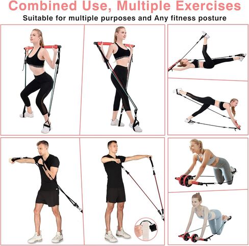 LADER Pilates Bar Kit with Resistance Bands, Fitness Bar with Ab Roller for Abs Workout, Adjustable 3-Section Pilates Bar Portable Yoga Pilates Bar for Women & Men Home Gym Yoga Pilates (Red) in Saudi Arabia
