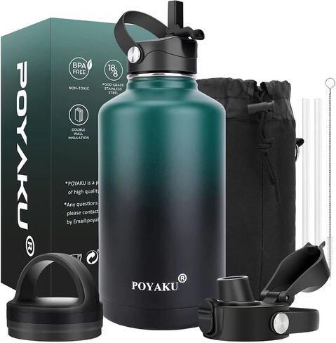 زجاجة مياه معزولة 32oz 40oz 64oz 128oz غطاء صنبور بغطاء و3 أغطية، مقاومة للتسرب، معزولة بالفراغ، زجاجة مياه من الفولاذ المقاوم للصدأ ذات فم واسع للرياضة أو صالة الألعاب الرياضية أو المكتب، خالية من مادة BPA تحافظ على البرودة 24 ساعة ساخنة 12 ساعة in Kuwait