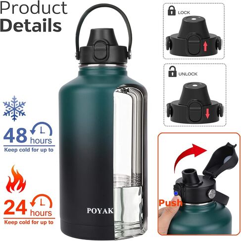 زجاجة مياه معزولة 32oz 40oz 64oz 128oz غطاء صنبور بغطاء و3 أغطية، مقاومة للتسرب، معزولة بالفراغ، زجاجة مياه من الفولاذ المقاوم للصدأ ذات فم واسع للرياضة أو صالة الألعاب الرياضية أو المكتب، خالية من مادة BPA تحافظ على البرودة 24 ساعة ساخنة 12 ساعة in Kuwait
