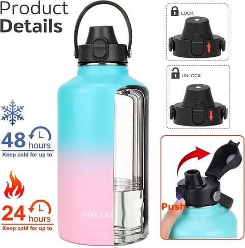 زجاجة مياه معزولة 32oz 40oz 64oz 128oz غطاء صنبور بغطاء و3 أغطية، مقاومة للتسرب، معزولة بالفراغ، زجاجة مياه من الفولاذ المقاوم للصدأ ذات فم واسع للرياضة أو صالة الألعاب الرياضية أو المكتب، خالية من مادة BPA تحافظ على البرودة 24 ساعة ساخنة 12 ساعة in Kuwait