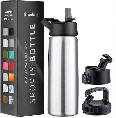 FineDine Triple Walled, Insulated Water Bottles with Straw - 25 Oz Stainless Steel Metal Bottle W/ 3 Leak Proof Lids - For Travel, School, Sports, Gym / Men, Women & Kids - Army Green in Saudi Arabia