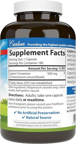Carlson - Ceylon Cinnamon, Cinnamon Supplements, 500 mg, Cinnamon Extract Pills, Ceylon Cinnamon Capsules, 180 capsules in Saudi Arabia