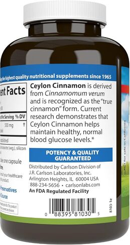 Carlson - Ceylon Cinnamon, Cinnamon Supplements, 500 mg, Cinnamon Extract Pills, Ceylon Cinnamon Capsules, 180 capsules in Saudi Arabia