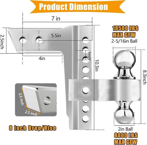 Adjustable Trailer Hitch Tow Hitch Load Bearing 18,500 LBS, Fits 2.5 Inch Receiver, 8-Inch Drop/Rise Drop Hitch, 2" and 2-5/16" Tow Balls Heavy Duty Tow Hitch for Truck(8 inch Drop/Rise) in Saudi Arabia